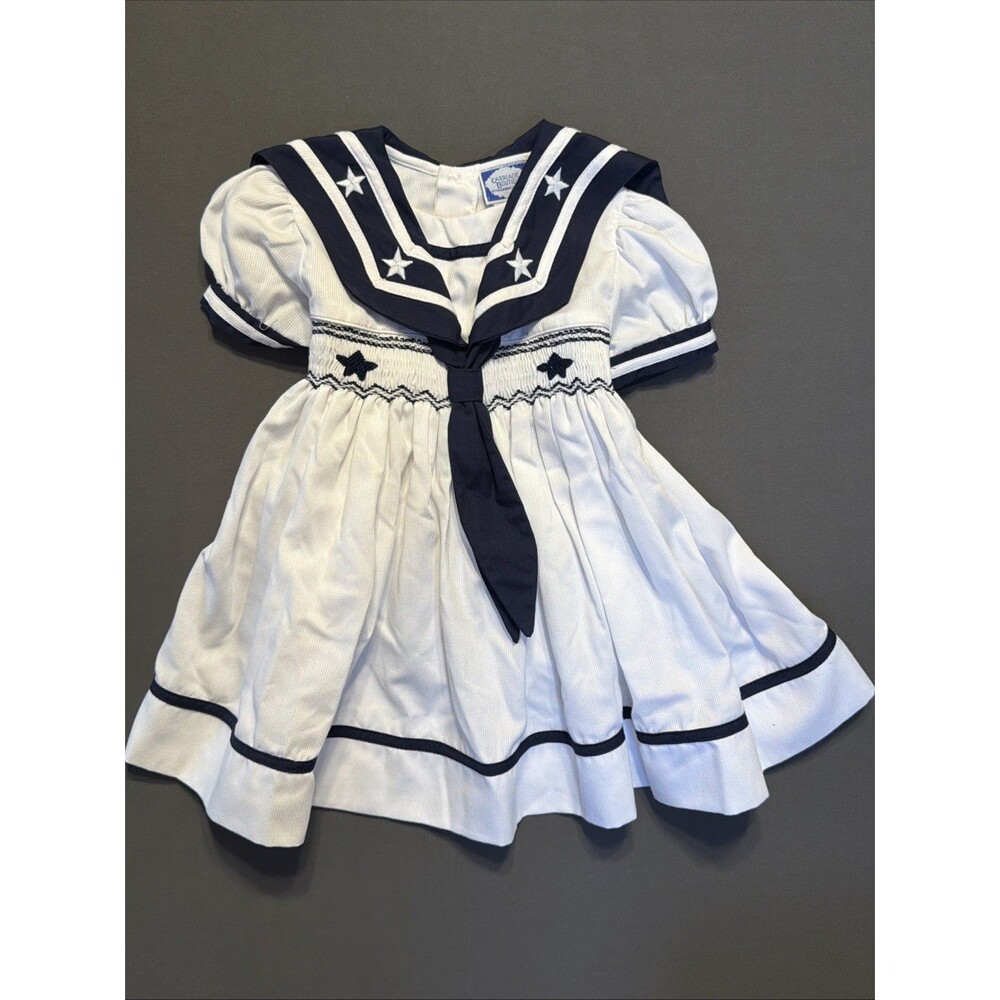 Vintage Friedknit Creations Smocked Nautical 12 Month Baby Girl Dress Stars